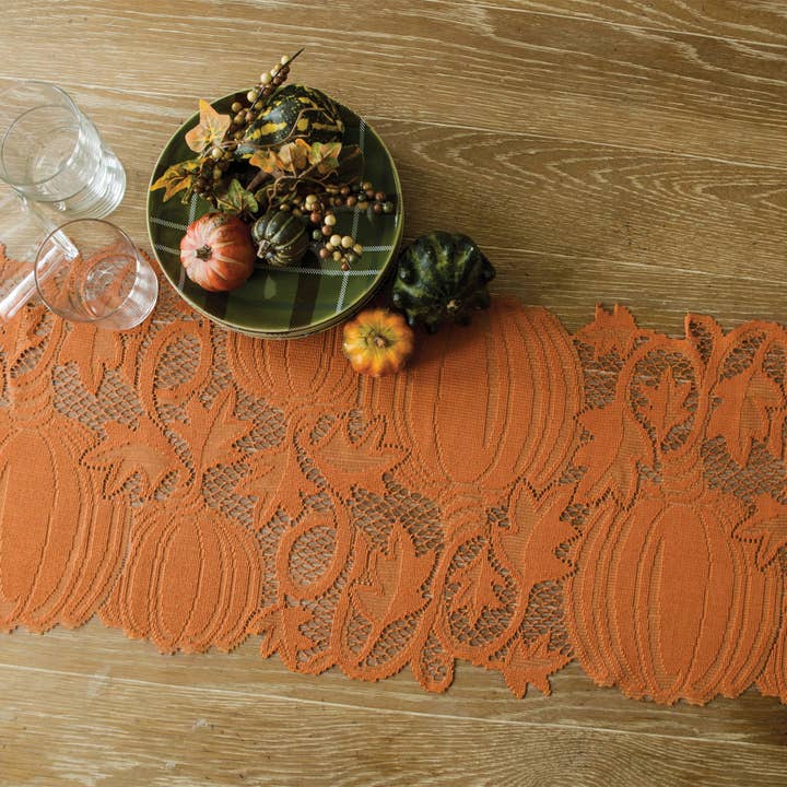 Pumpkin Vine 14x36 Orange Lace Table Runner for wholesale by Heritage Lace