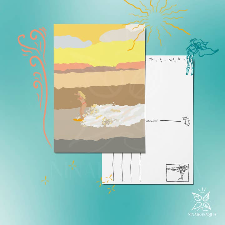 Postcard 'Sunset Surf' 5 cards on A6 size for wholesale by Ninarosaqua