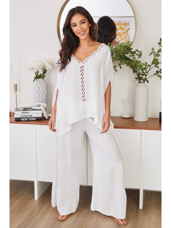 White LINEN TIERED PALAZZO PANT (2-36/255005-WHITE) for wholesale on Faire4