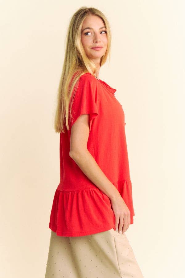 Davi & Dani - Vendita all'ingrosso Maglietta - Donna - TOP PEPLO A MANICHE CORTE CON SCOLLO IN PIZZO TINTA UNITA15