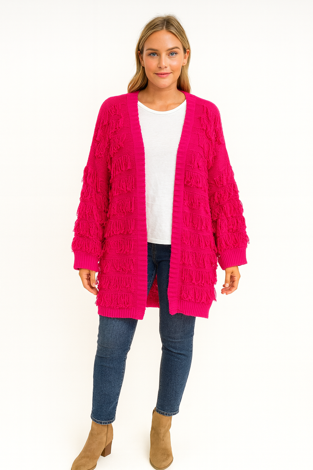 Miss Bold – Cardigan - Mulher por atacado – Cardigã comprido de malha com franjas italianas e abertura frontal0