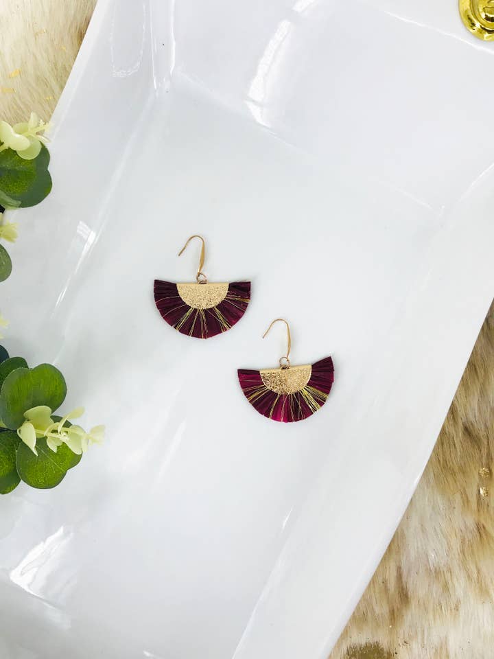 Maroon and Gold Fan Shaped Tassel Earrings - E19-1075 for wholesale by Magnolia & Peach Jewelry Boutique, LLC