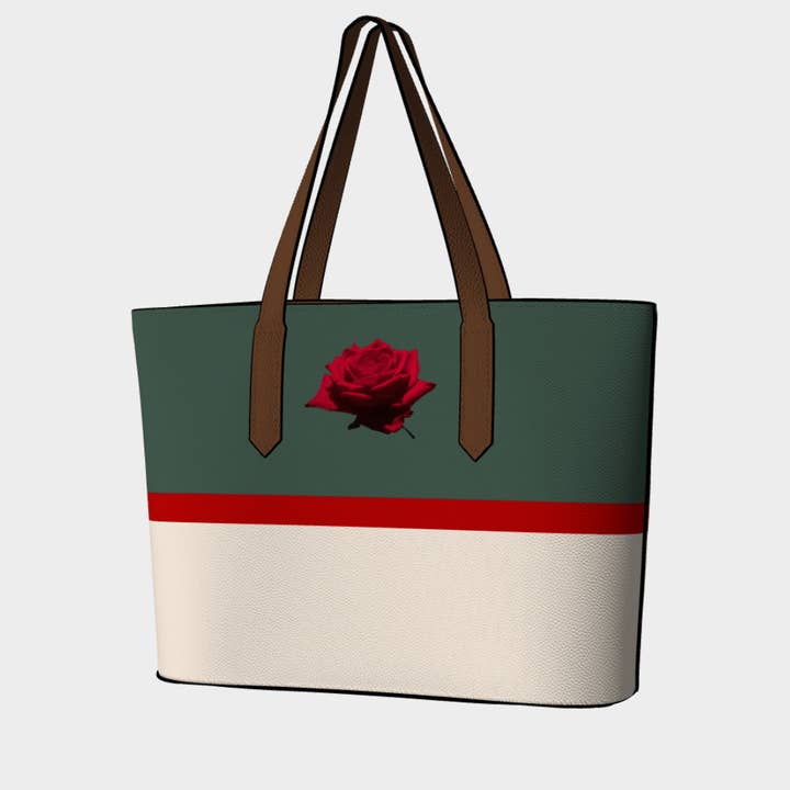 FLOWERS - Grand sac fourre-tout en cuir végétalien - Vert avec rose rouge 🇨🇦 pour la vente par The Wheaten Store