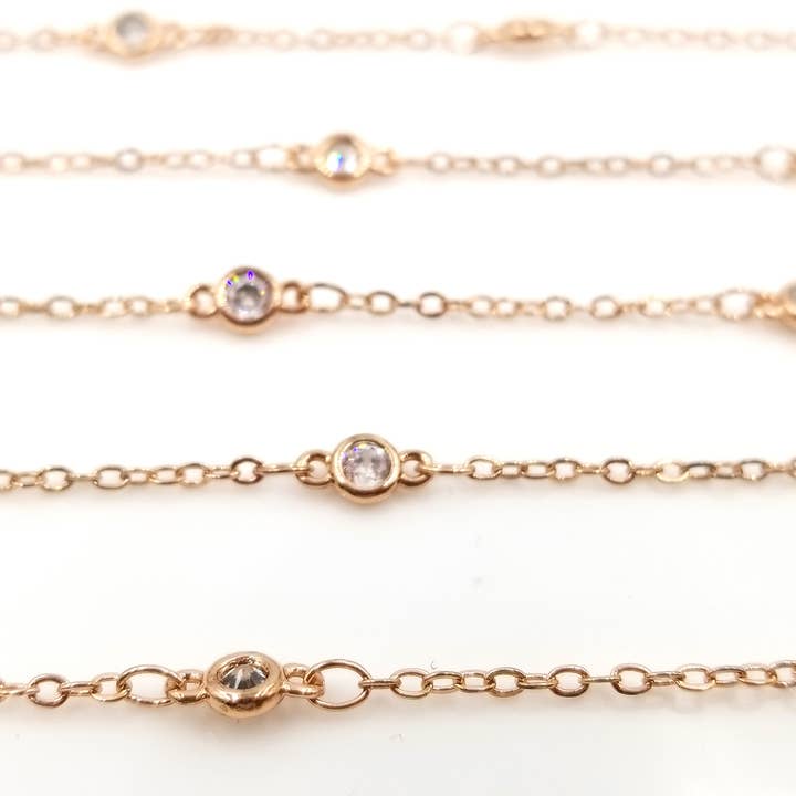 Beads Creation - Wholesale Link & Chain Necklace - Diamond by Yard Clear CZ Pave Round Chain By Foot,Gold CH0031