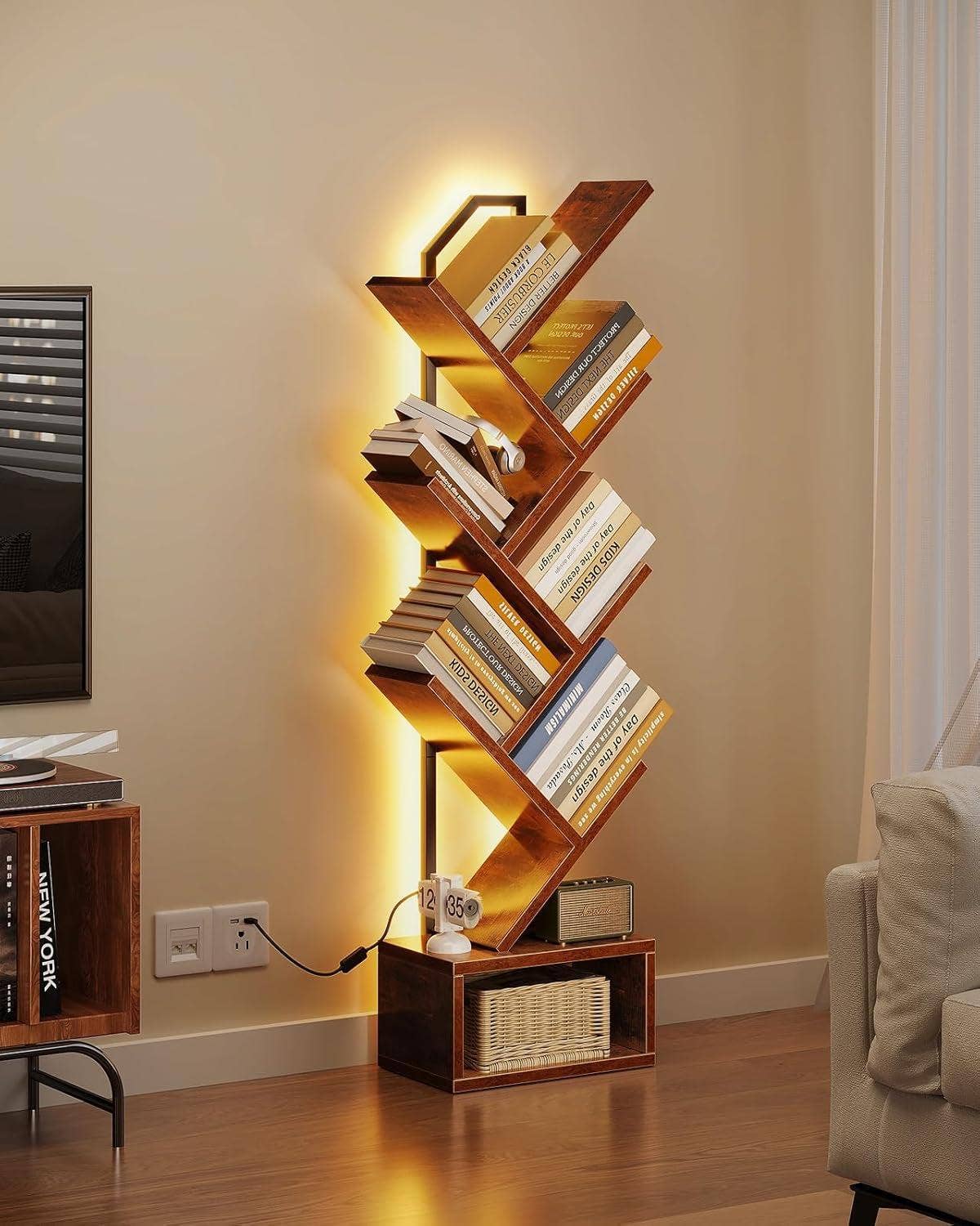 Vintage Six Tier Tree Bookshelf With LED Lights Narrow Floorstanding for wholesale on Faire1