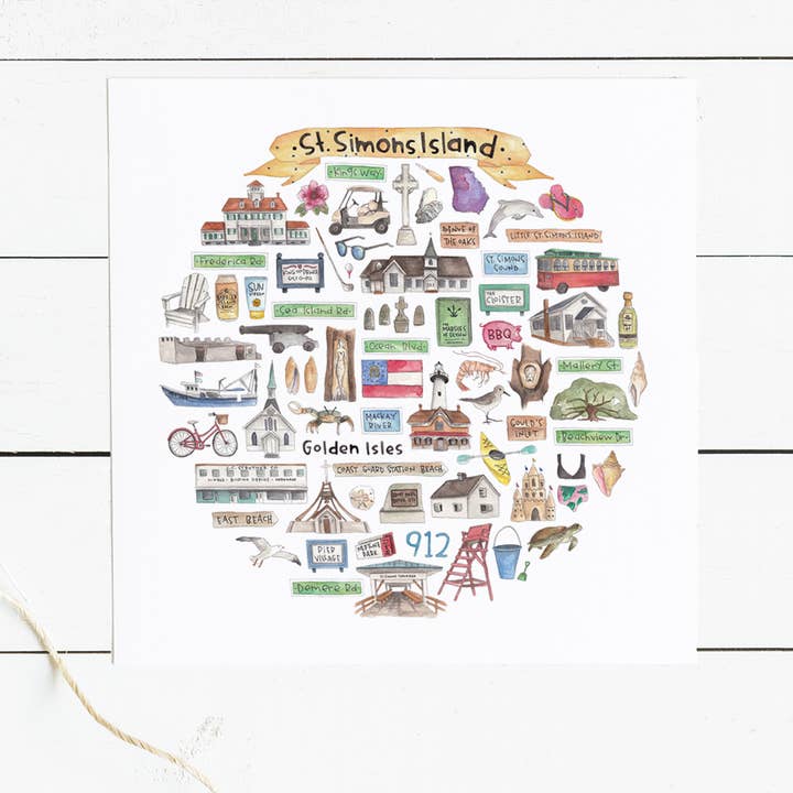 St. Simons, GA Icon Watercolor Print for wholesale by Green Blanky Studio