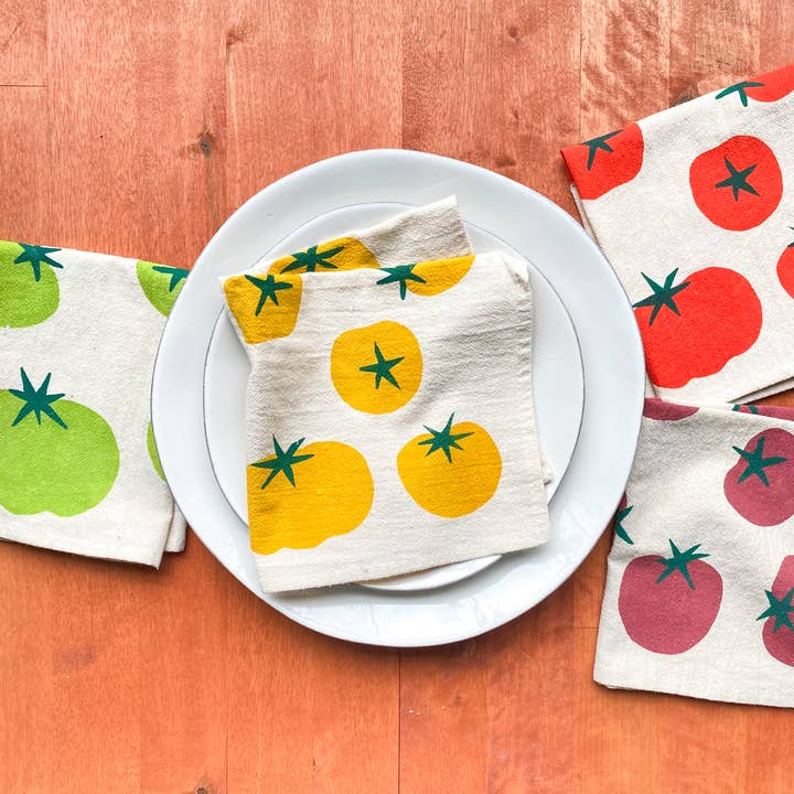 Bright Beige - Wholesale Dinner & Cloth Napkin - Hand Printed Cotton Cloth Napkins, Homegrown Tomatoes
