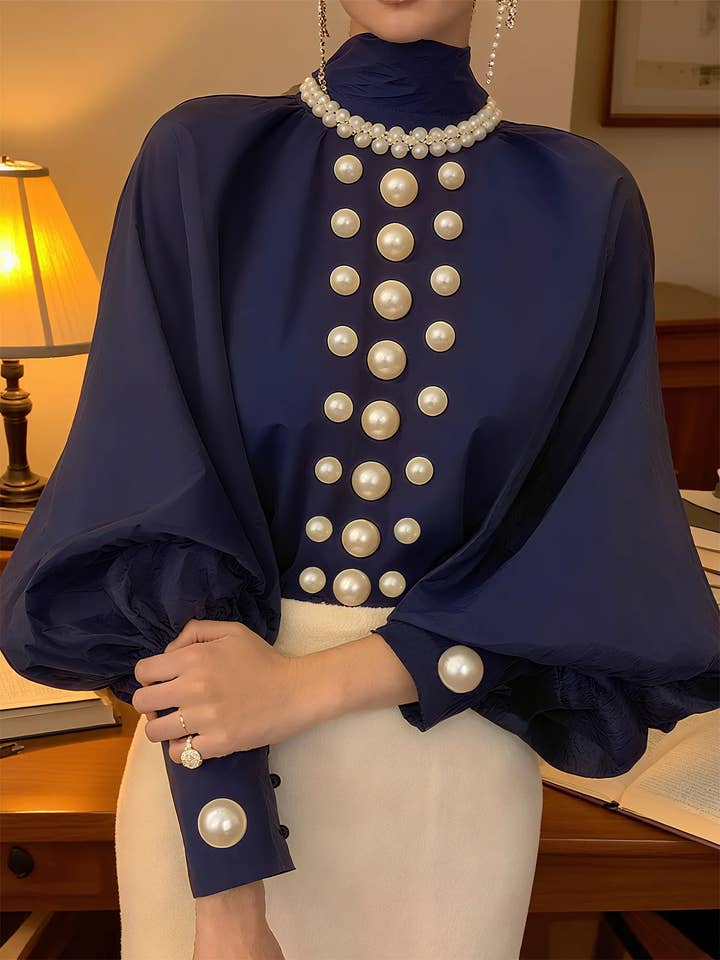 blusa elegante blu navy con bottoni di perle per la vendita all'ingrosso da parte di Queen Fashion