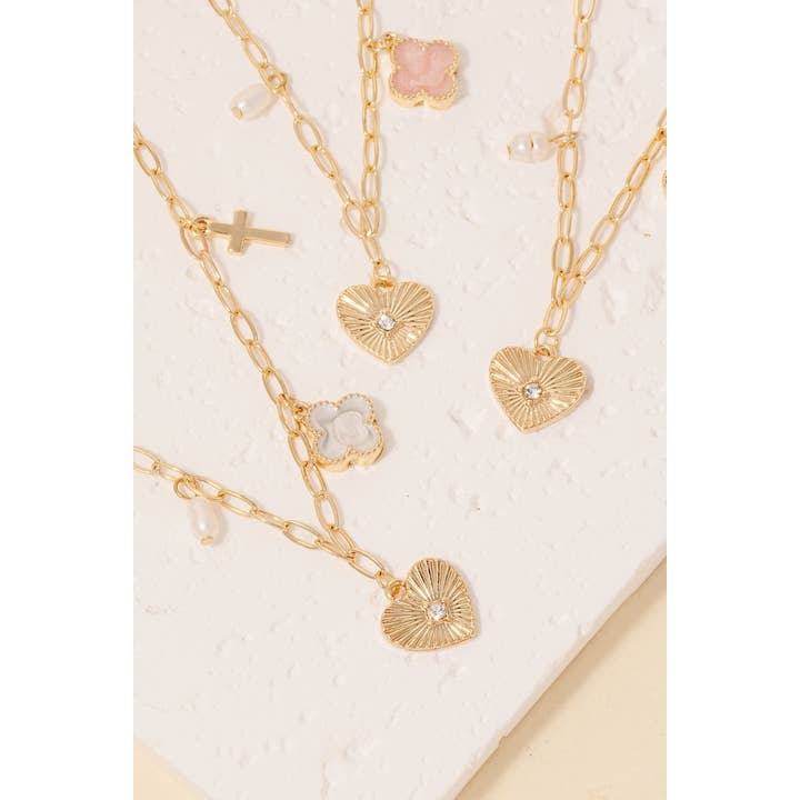The Looks by Fame Accessories - Wholesale Link & Chain Necklace - Epoxy Clover Heart Cross And Pearl Charms Chain Necklace
