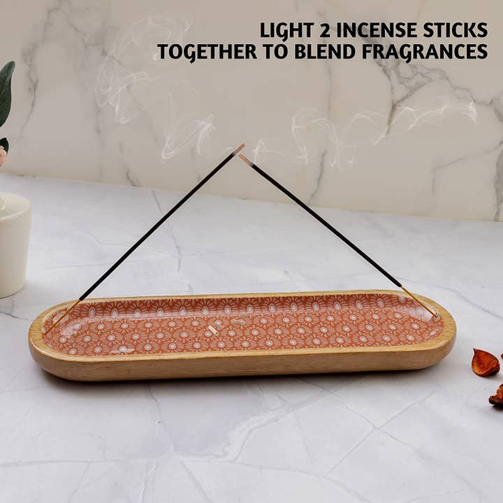 Folkhomes Global Inc - Wholesale Incense Holder - Printed Wooden Incense Tray or 12" Incense Holder (Coral)