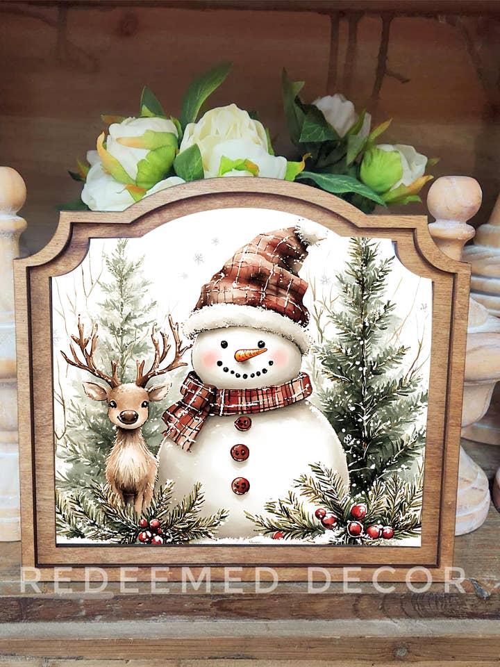 Provinsiell snögubbe hjort inramad konst för wholesale av Redeemed Decor