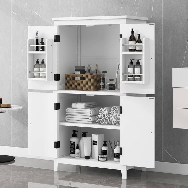 Orange County Decor - Wholesale Cabinet - Elegant Bathroom Floor Storage Cabinet, Bathroom Storage Unit, Freestanding Cabinet With 4 Doors, Adjustable Shelves, Adaptable Shelves, White White Mdf4