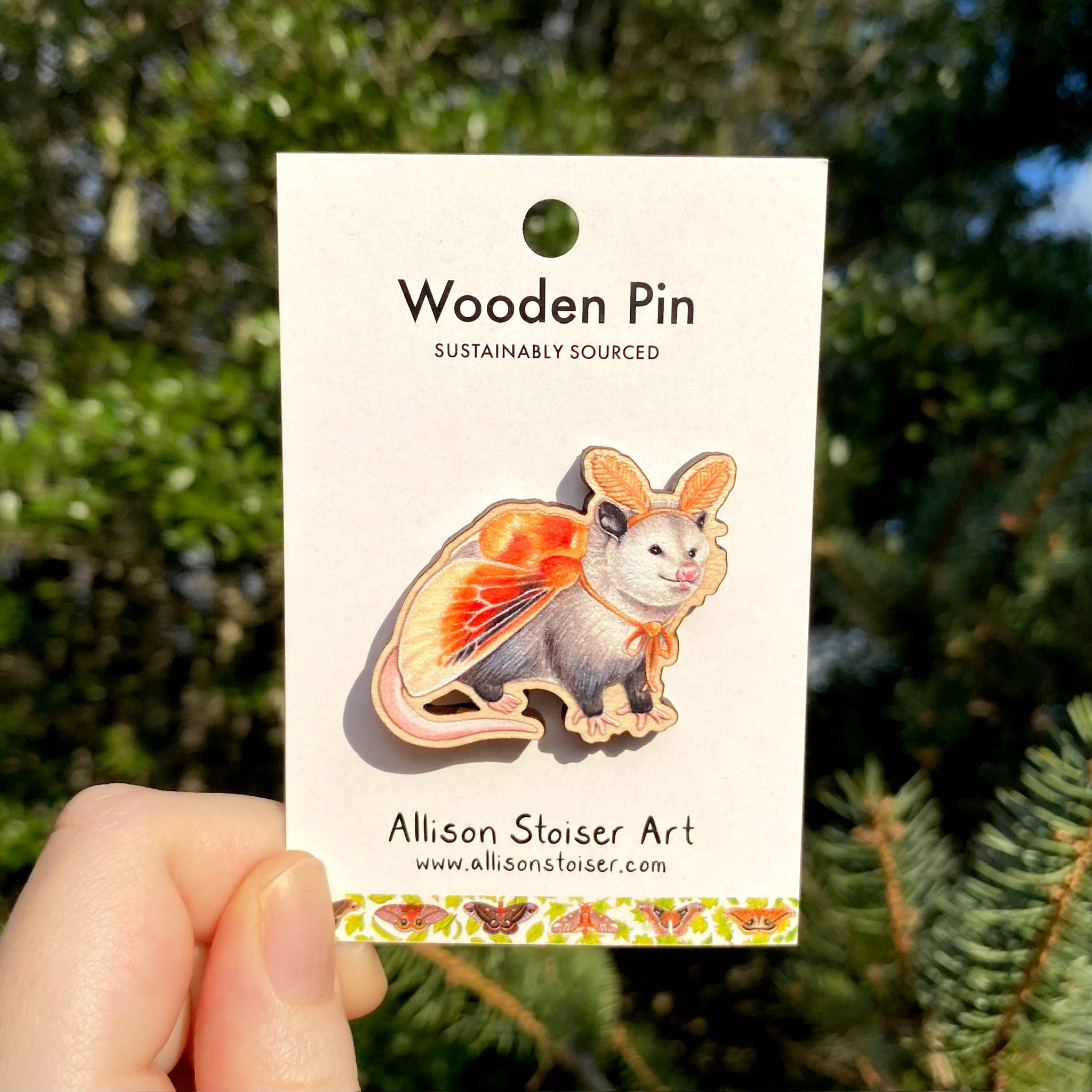 Allison Stoiser Art - Wholesale Lapel Pin/Button - Flannel Moth Opossum Halloween Costume Wooden Pin (Sustainably Sourced)