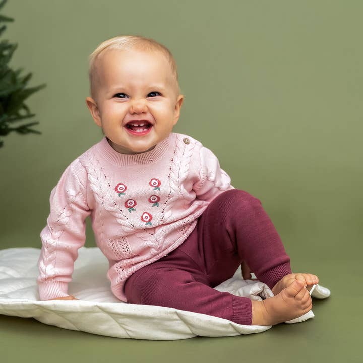 Jersey de punto trenzado con bordado floral para bebé, orgánico para venta al por mayor de Viverano Organics