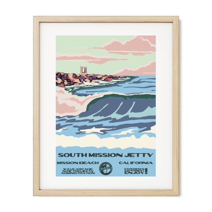 South Mission Jetty WPA Surf Poster | Vintage Mission Beach Art Print for wholesale by WAVE ARCADE