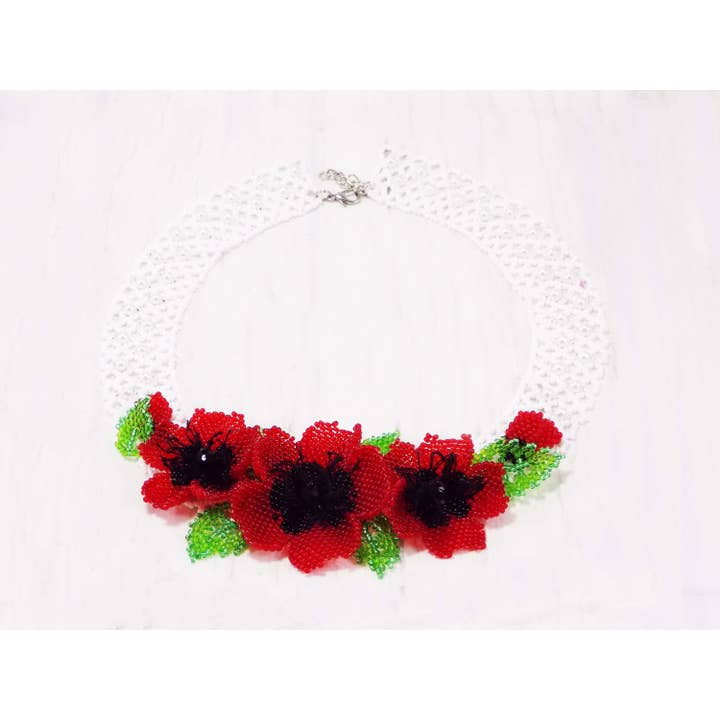 Ninolia - Venta al por mayor Collares de cuentas/perlas - Collar de 3 flores de amapola roja, pieza llamativa, collar de flor roja grande, joyería natural