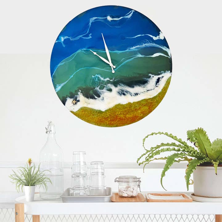 Handmade Ocean Resin Wall Clock – Coastal Beach-Inspired Epoxy Art Timepiece for wholesale by Rishstudio