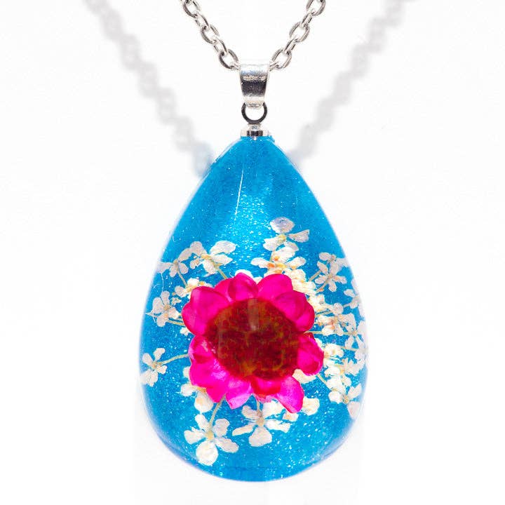 Flower Necklace Orb Bea Pink-Blue for wholesale by Hanami Real Flower Jewelry