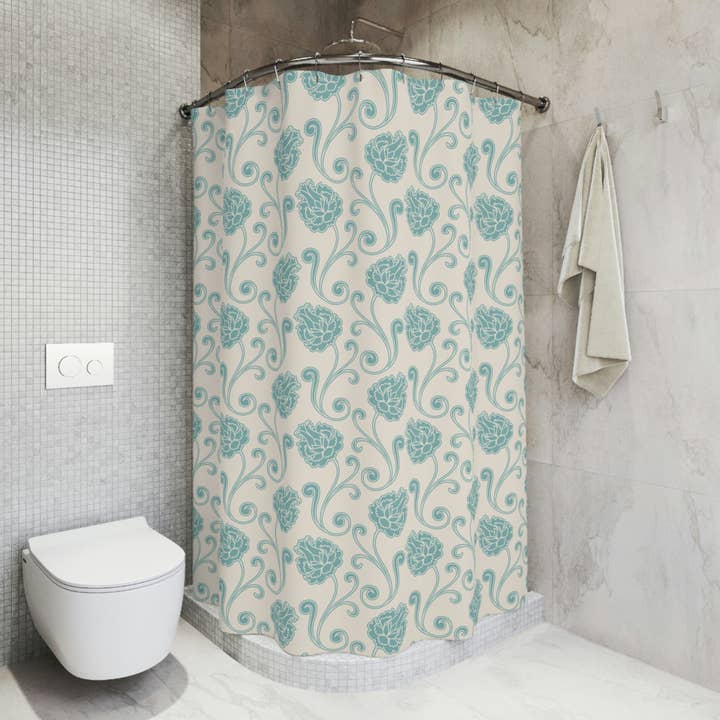 Hearth Home & Living - Wholesale Shower Curtain - Blue & Cream Floral Shower Curtain