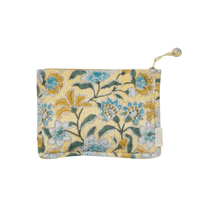 Small quilted pouch with Indian flower print, Bohemian chamomile for wholesale by Bonheur du Jour