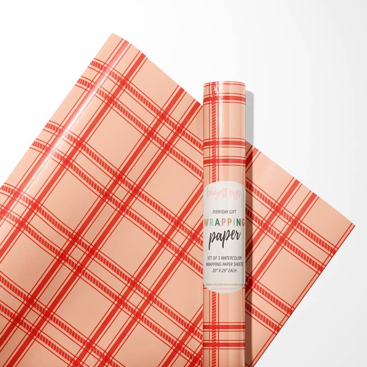 KelseyMDesigns - Wholesale Wrapping Paper Roll - Pink and Red Holiday Plaid Wrapping Paper - 3 Sheet Roll