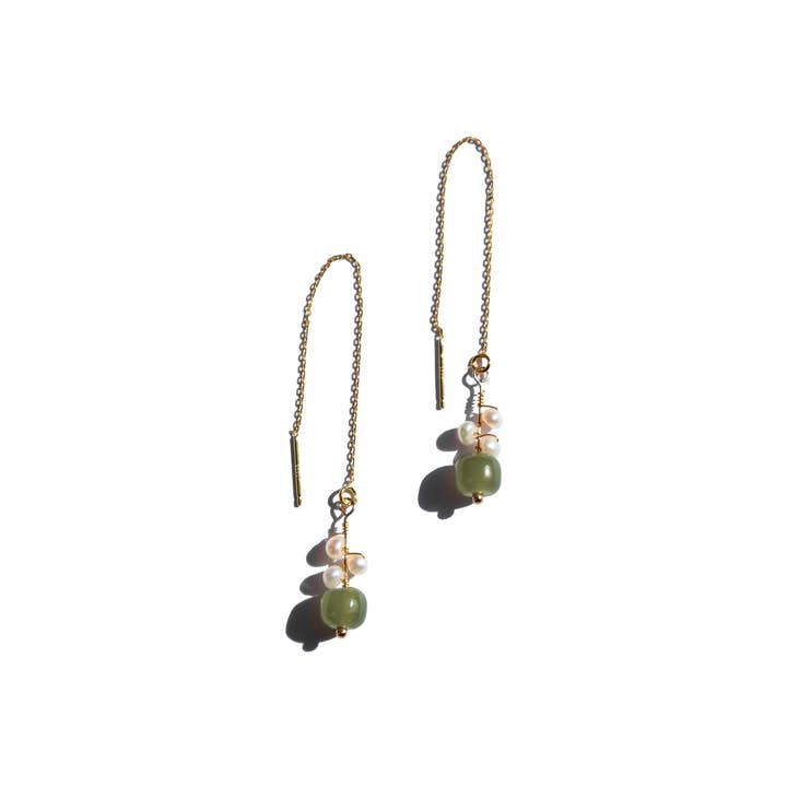 Green Madeleine — Jade and freshwater pearl drop earrings for wholesale on Faire0