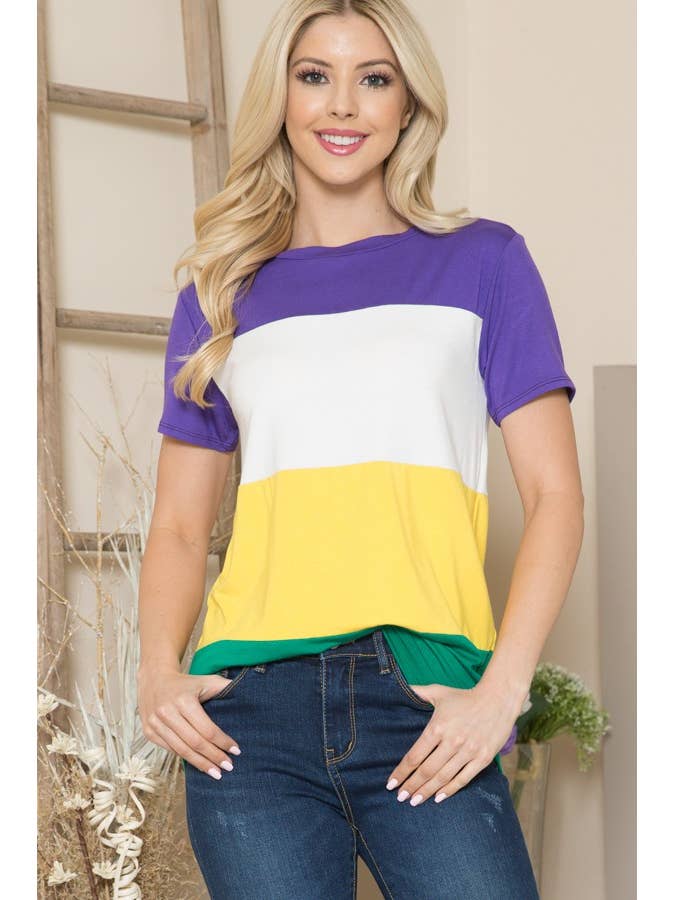 MARDI-GRAS-TUNIKA-TOP MIT KURZEN ÄRMELN UND FARBBLOCKMUSTER für den Großhandel von Pink Irene Wholesale