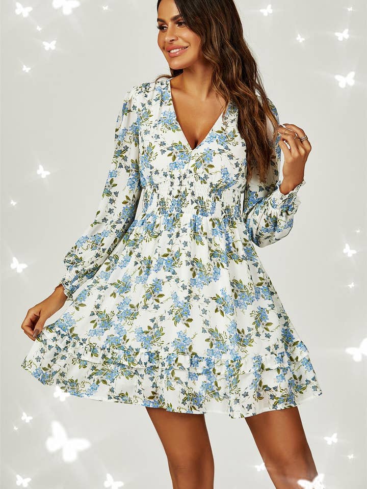 Hvid Langærmet minikjole med blomsterprint flæsehæm i hvid for engroshandel på Faire3