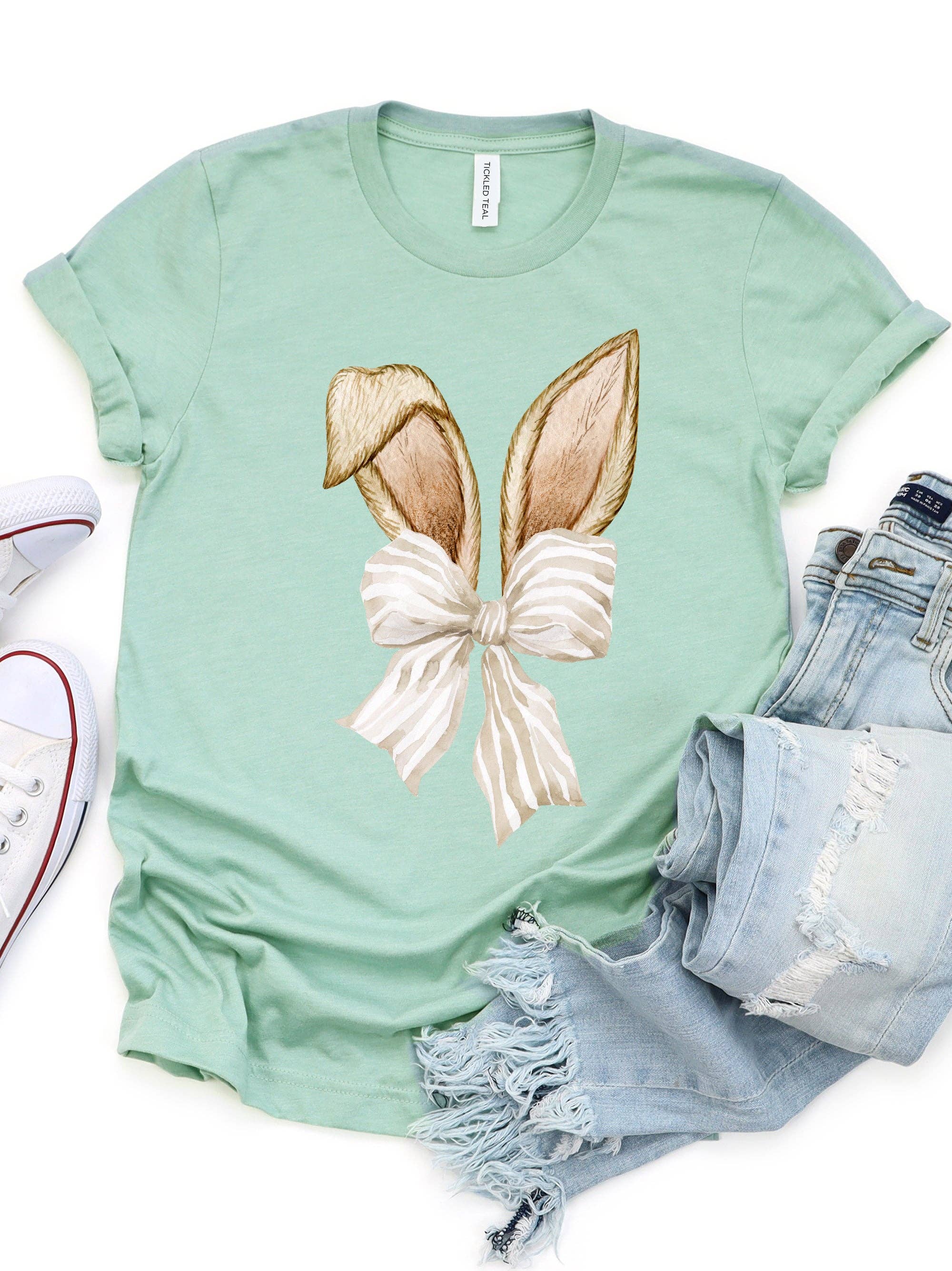 Tickled Teal - Wholesale T-Shirt (Graphic) - Women's - Bunny Ears Striped Bow Graphic Tee0