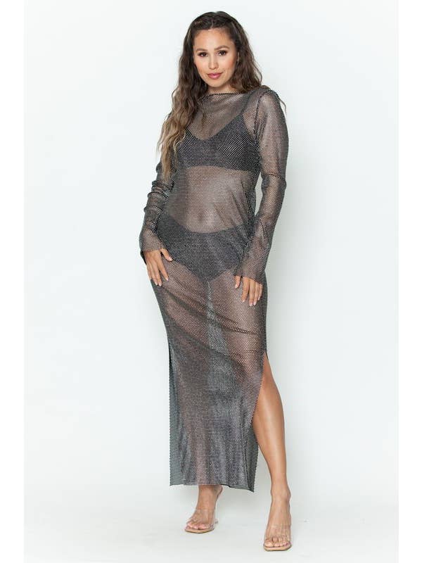 Sort Langærmet Rhinestone Net Mini Kjole for engroshandel på Faire6