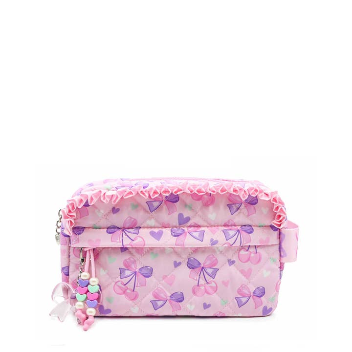 Neceser acolchado con lazo de cereza estampado y colgante para venta al por mayor de OMG Accessories