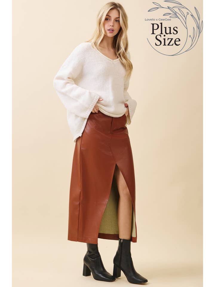 GeeGee x Lovelo - Wholesale Skirt - Women's - Plus Faux Leather Midi Skirt MS50582PL7