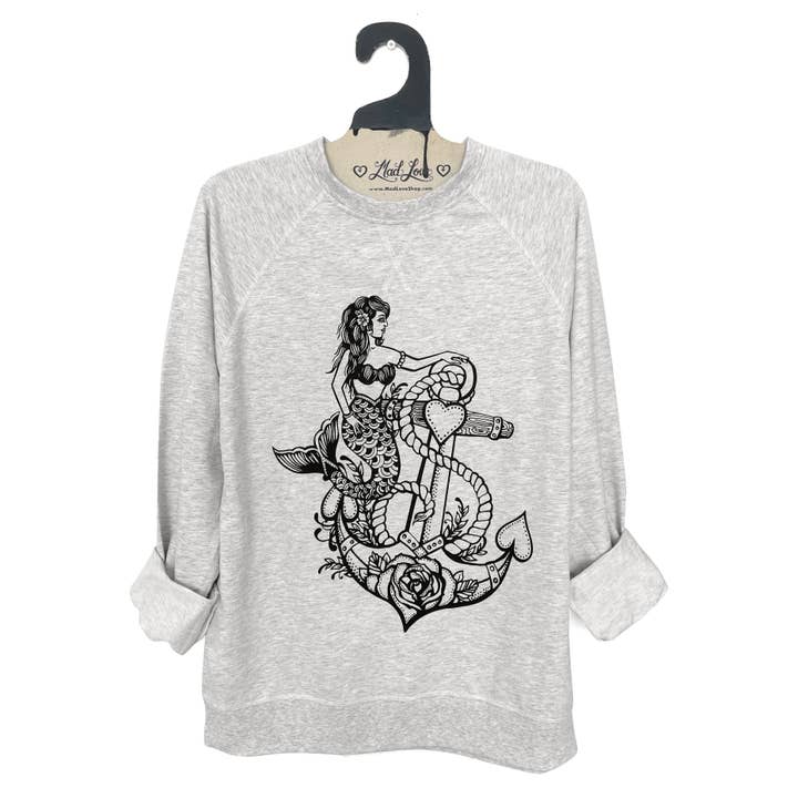 Mad Love Shop - Vente Sweat-shirt à imprimés – femme - Sweat-shirt éponge léger gris chiné unisexe avec sirène0
