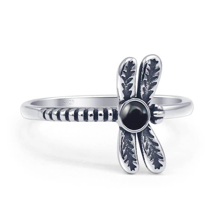 Oxidized Round Black Agate Dragonfly Ring for wholesale by Blue Apple Imports