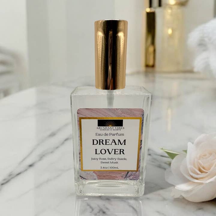 Dream Lover 3.4oz Eau de Parfum (Rose, Jasmine, Suede, Musk) for wholesale by Abundant Vibes Candles & Scents