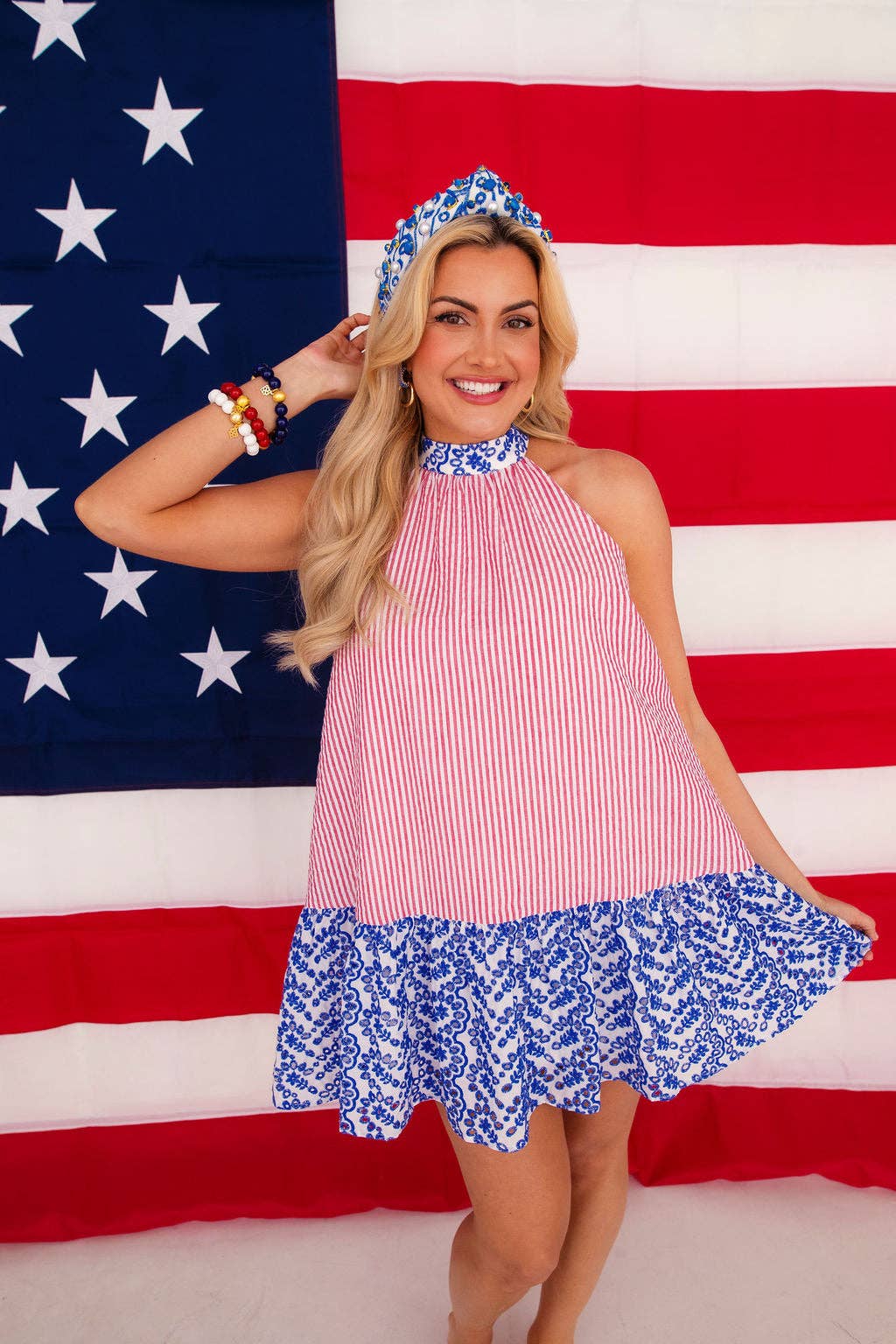 Brianna Cannon - Wholesale Dress - Women's - Patriotic Seersucker Halter Dress2