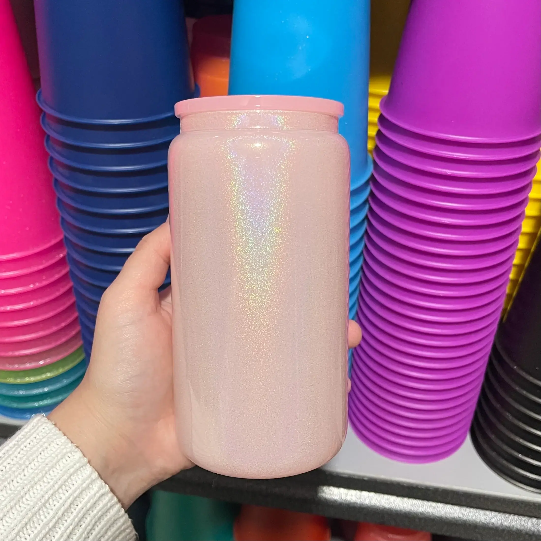 One Stop Cups – Engroshandel Drikkeglas/kop – 16 oz Glitter Sublimeringsglas dåsekopper6