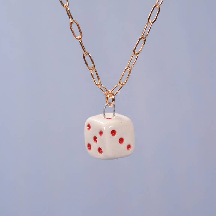 Red Dice Ceramic Charm Pendant Necklace for wholesale by Juice Ceramics Handmade Pottery and Jewelry