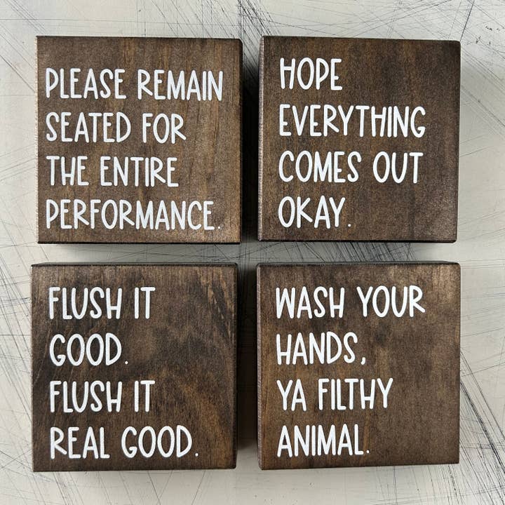 Novotny Designs - Wholesale Bathroom Sign - Funny Bathroom Sign Decor - Set of 4 Wood Signs3