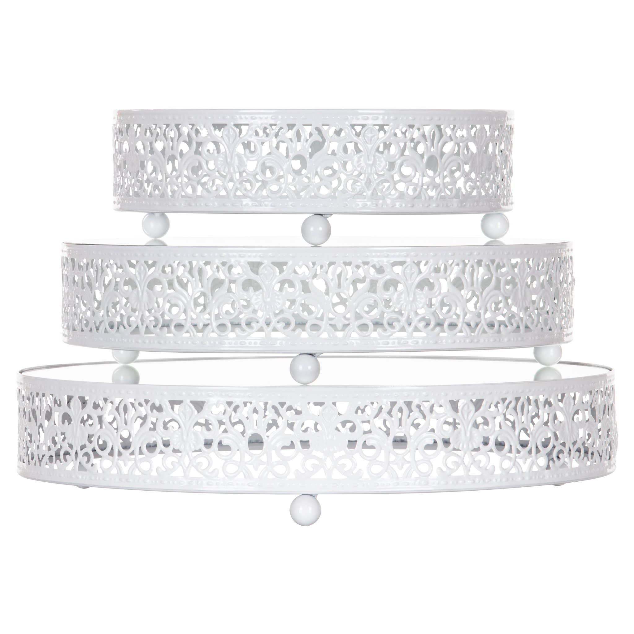 Amalfi Decor - Wholesale Serving Tray - 3-Piece Round Mirror-Top Decorative Tray - White2