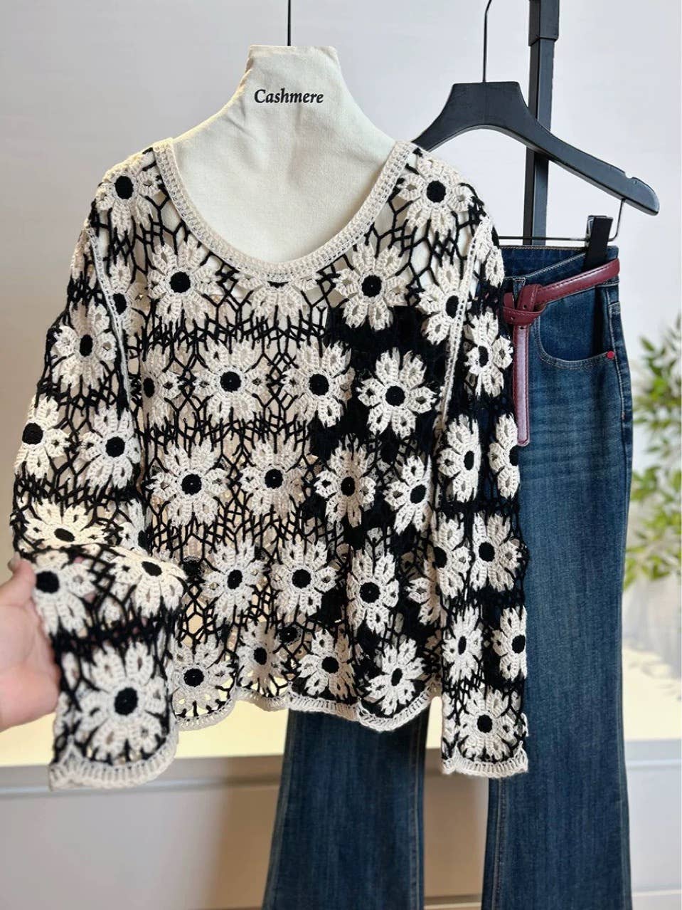 Noir Haut en maille crochet bohème à manches longues en vente sur Faire3