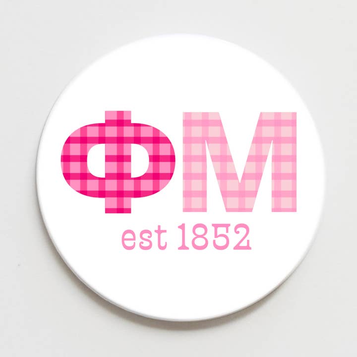 Phi Mu Gingham Letter Button- 2.25 inch for wholesale by Good Vibez Collegiate