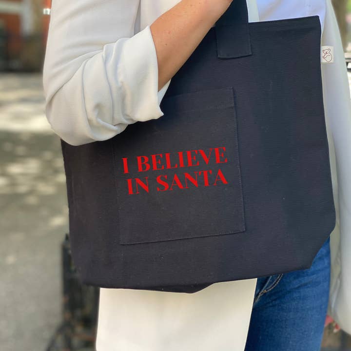 Black Midi Everything Tote Red Matte I Believe in Santa for wholesale by Quilted Koala