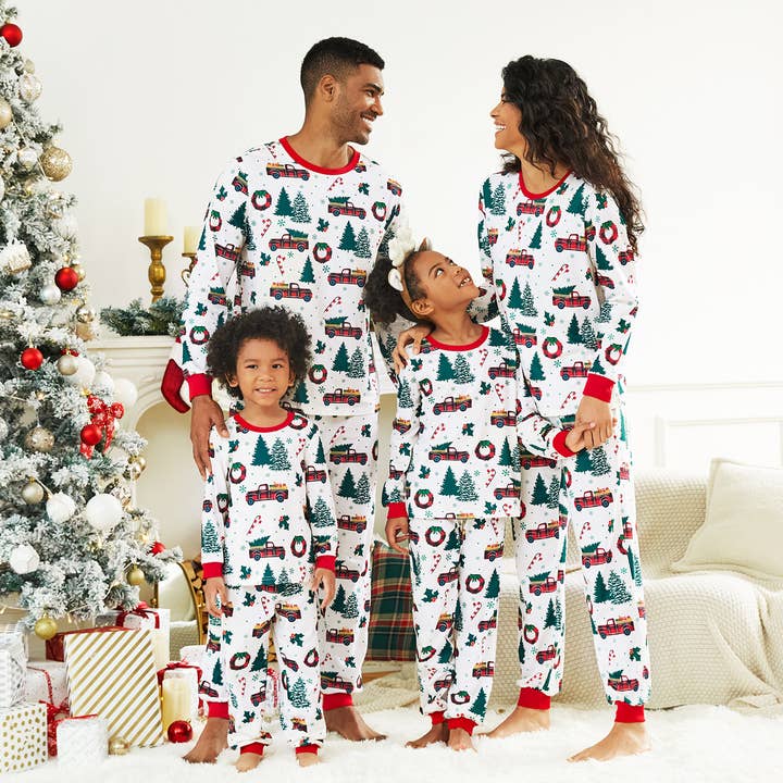 Multi Colored Christmas Family Allover Xmas Tree & Car Print Pajamas Set for wholesale on Faire