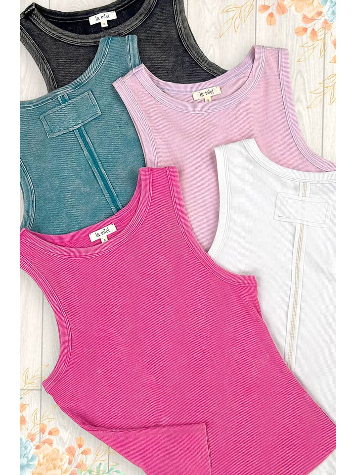 La Miel - Wholesale Tank Top - Women's - HCT7694-Mineral Washed Back Patch Detail Breathable Tank Top