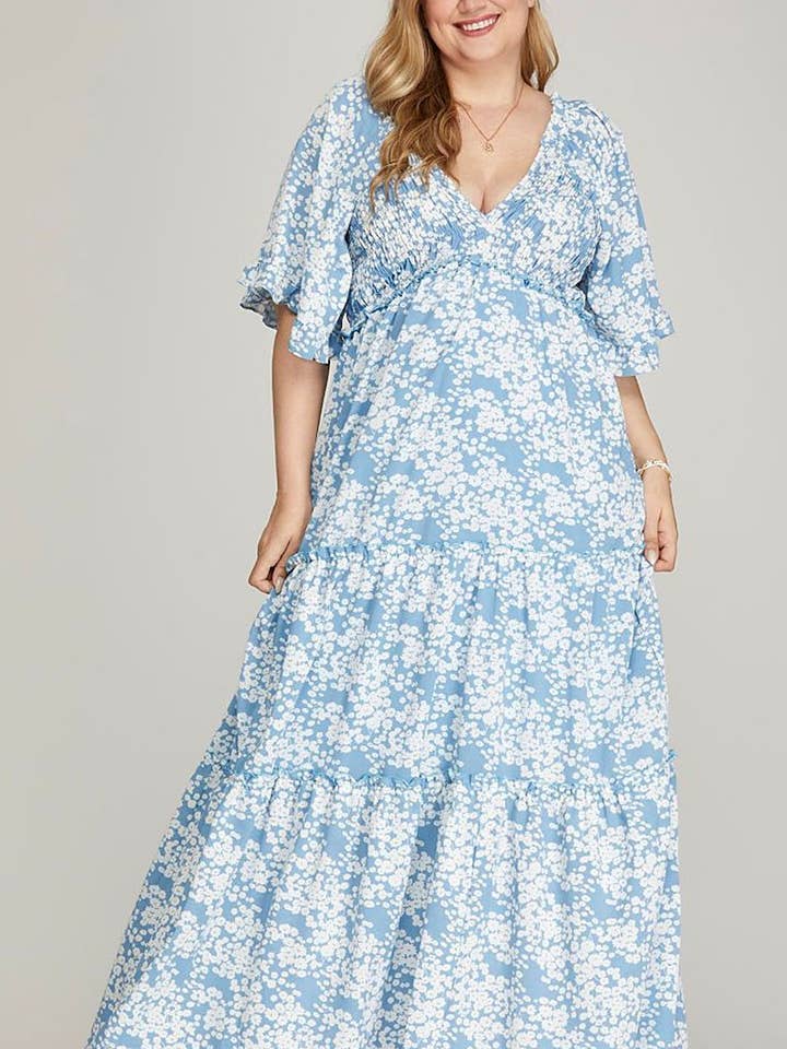 FLUTTER SLEEVE SMOCKED TIERED PLUS SIZE MAXI DRESS for wholesale by ROUSSEAU