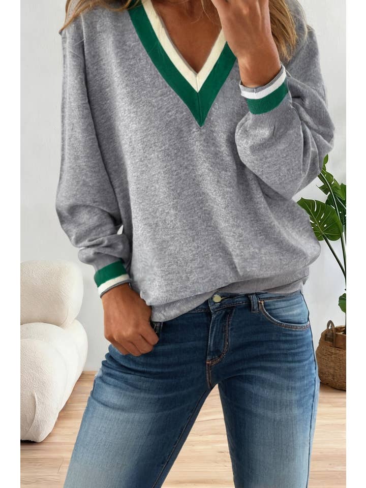 LA Society - Wholesale Sweatshirt - Women's - Contrast Striped Trim V Neck Varsity sweaters for women