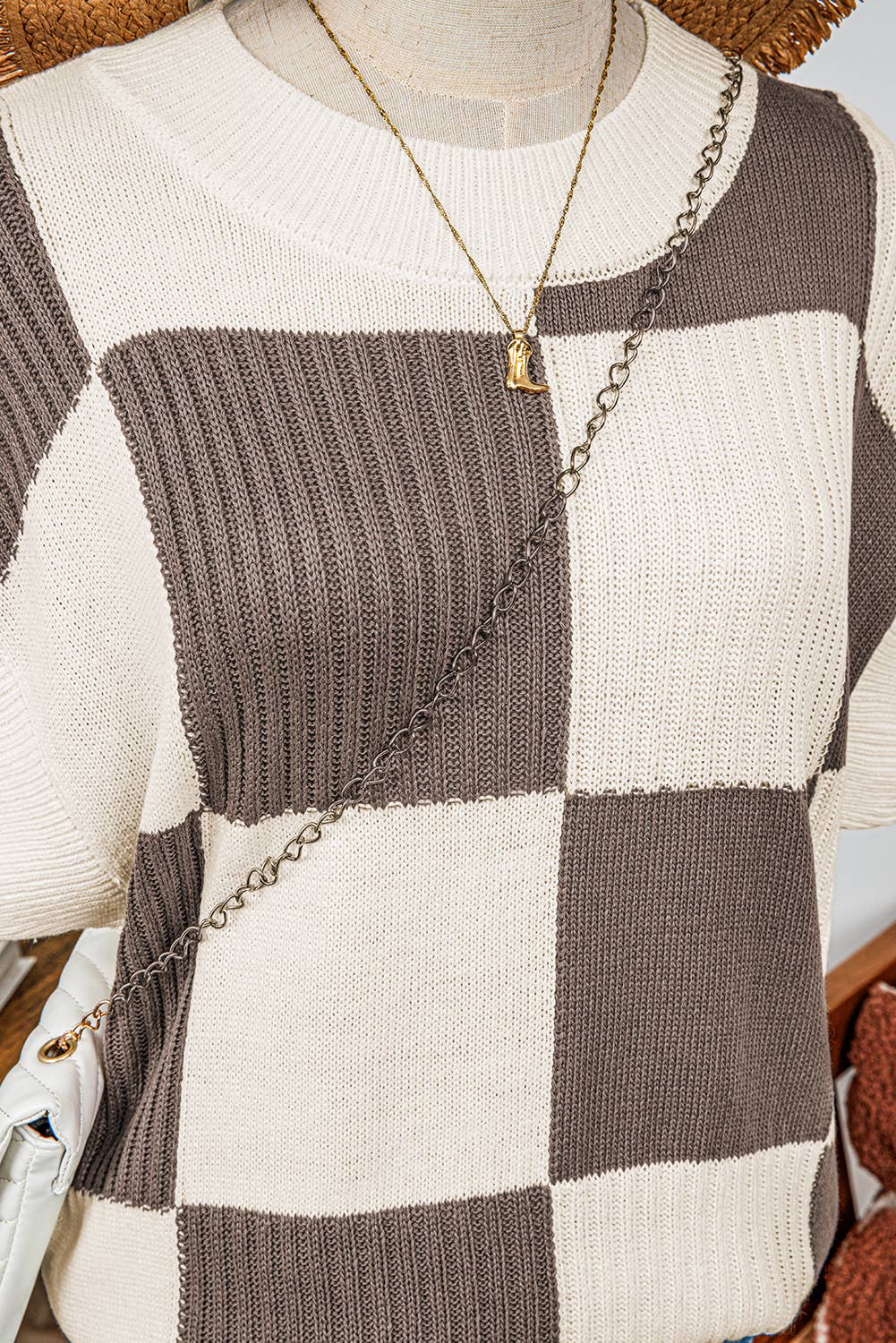 fashionworks - Wholesale Knit Sweater - Women's - Fashion-W Checkered Colorblock Short Sleeve Sweater9