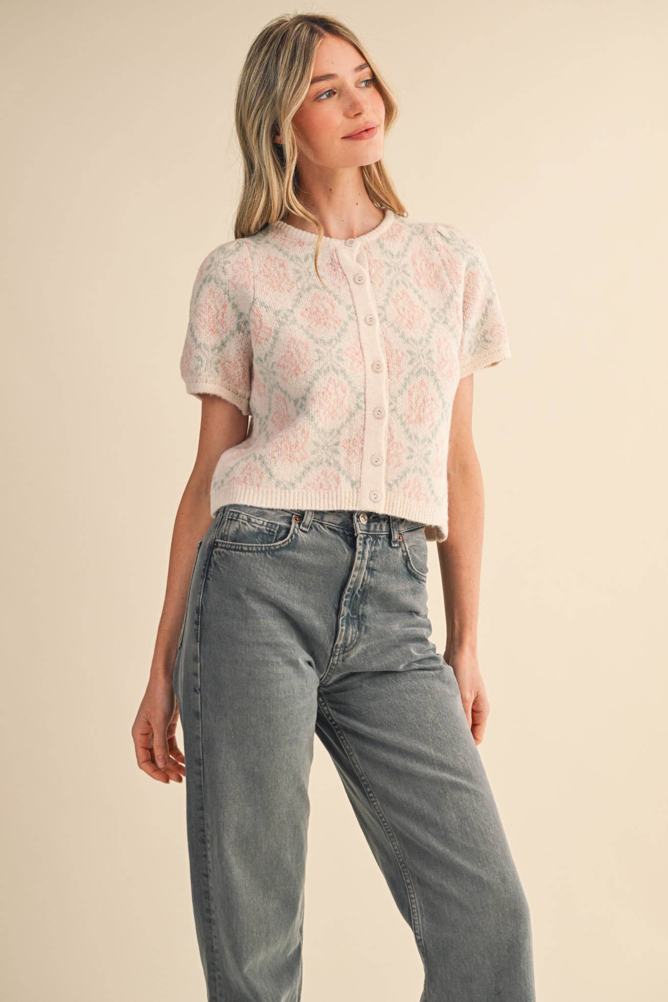 &MERCI - Wholesale Cardigan - Women's - FLORAL SHORT SLEEVE SWEATER CARDIGAN MSW1125849