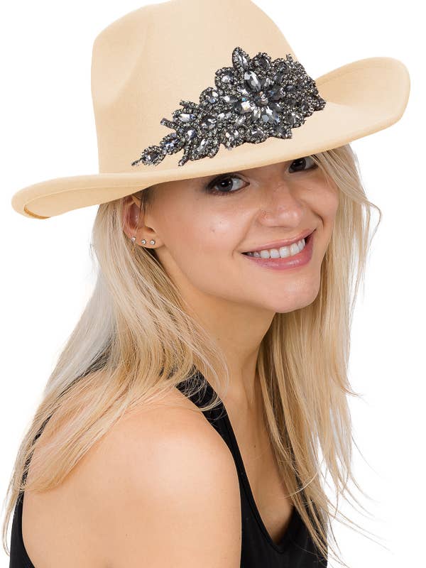Gunmetal Crystal Floral Patch Faux Wool Cowboy Hat for wholesale by Cap Zone